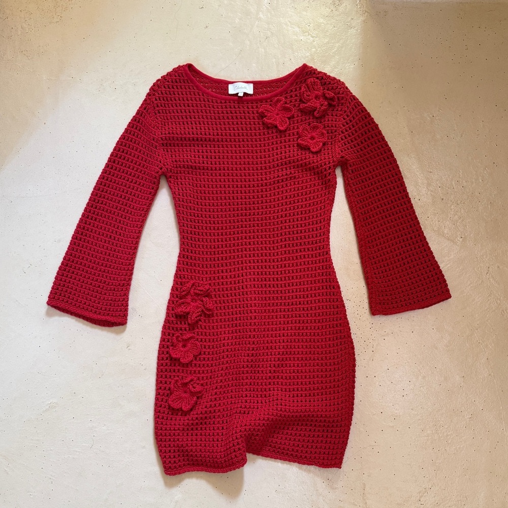 Cleobella Red Crochet Knit Dress with Floral Appliqué
